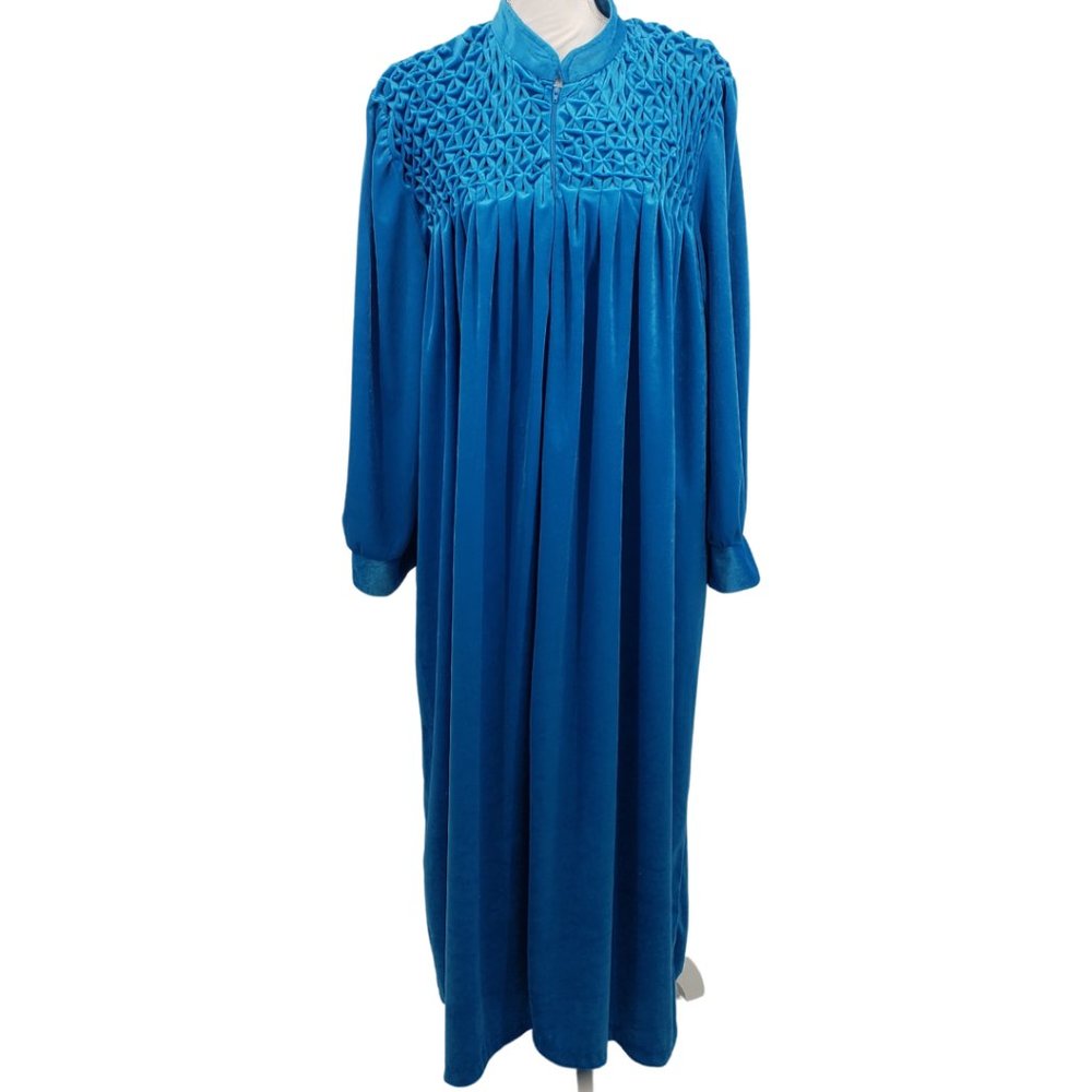 Turquoise Smocked Velour Front Zip Long A Line Robe Grandma Dressing Gown L